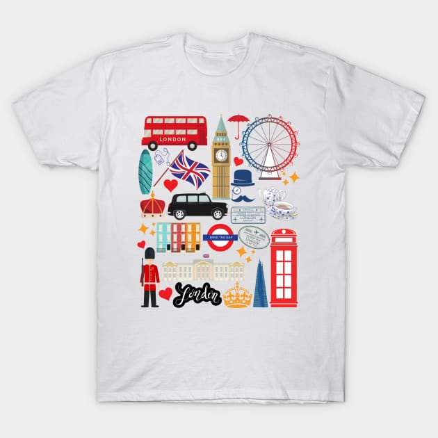 London England Collage Sightseeing Souvenir London Landmarks T-Shirt by MalibuSun